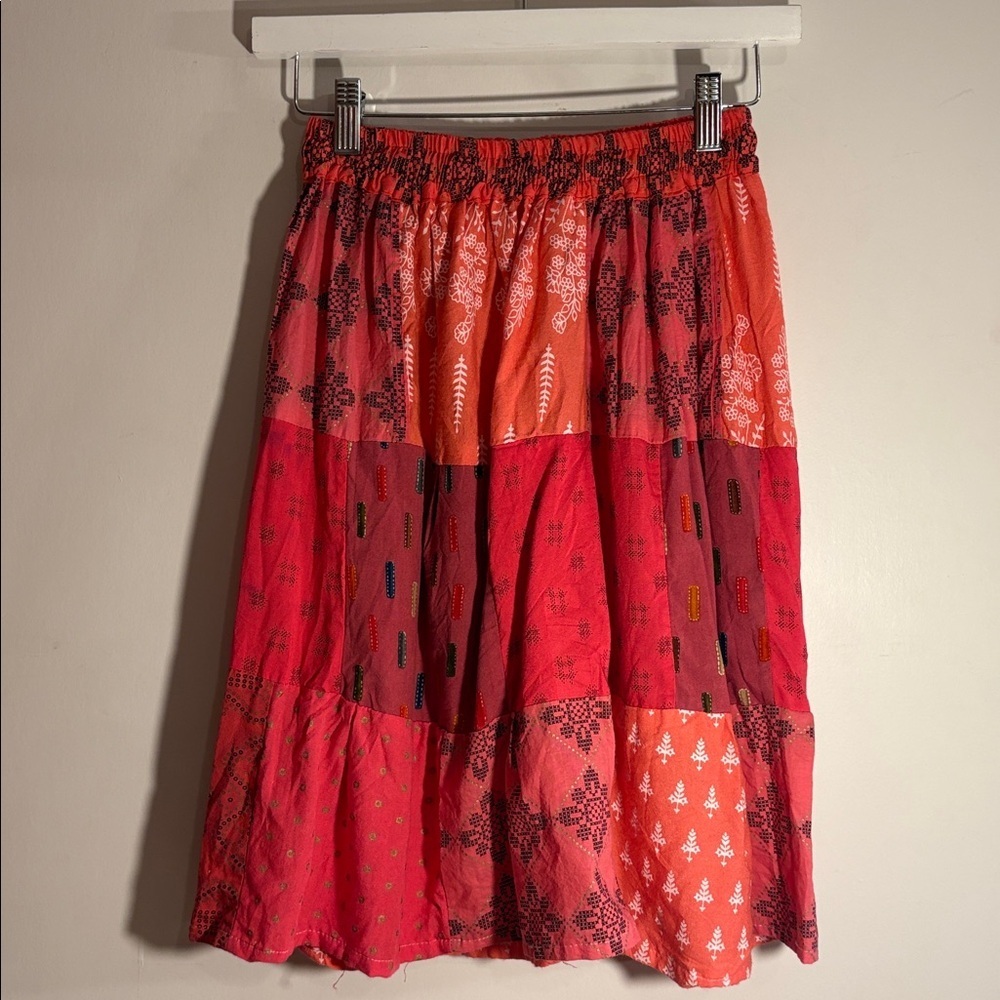 1990s Dead Stock Bohemian Patchwork Red & Pink A Line Skirt XS/Small 0-4 Woman’s - Picture 12 of 17